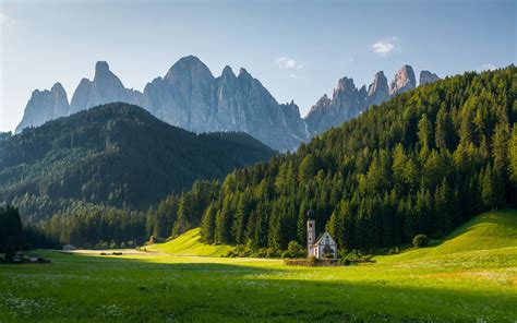 Wallpaper Church St Johann Dolomite Alps Sunrise Trees Grass