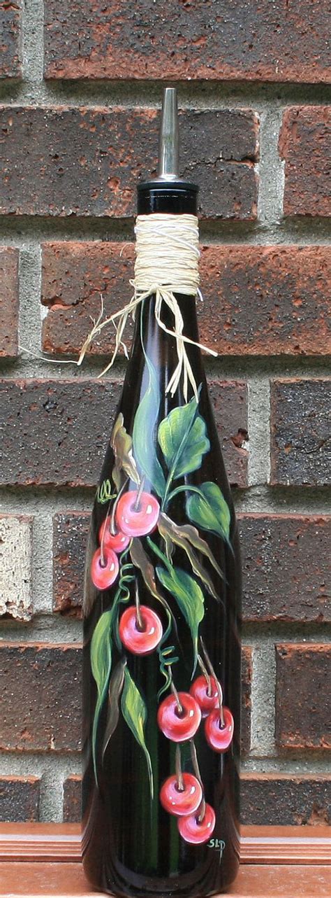 Olive Oil Dispenser With Handpainted Cherries By JCandmeArt Bottles Decoration Glass