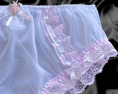 White Frilly Sissy Sheer Soft Nylon Satin Bow Briefs Panties Knickers Size