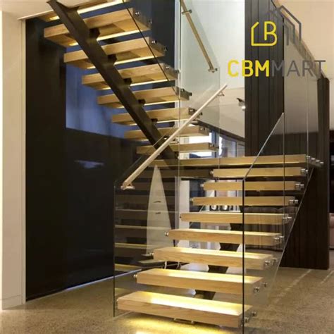 Modern Design Indoor Straight Glass Railing Led Staircase Solid Wood