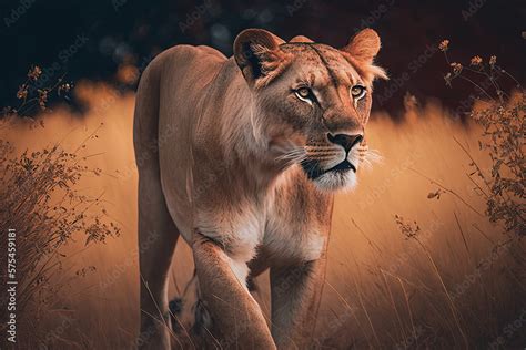 Majestic Lioness Prowling Through The Savanna Ai Generated