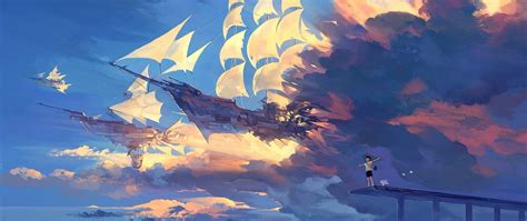 2560x1080 2560x1080 Wallpaper Hanyijie Sky Scenery Ship Anime Art