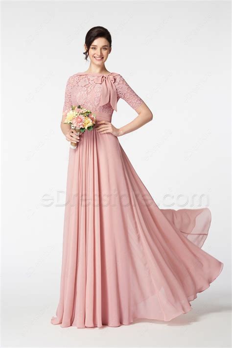 Modest Lace Blush Bridesmaid Dresses With Sleeves Bow Blush Colored