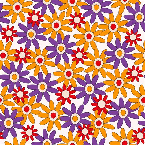 Retro Seamless Pattern Of Colorful Hippie Flowers Vintage Festive