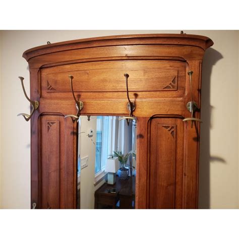 Antique Hall Tree Coat Rack With Brass Fixtures And Mirror Wood Carving