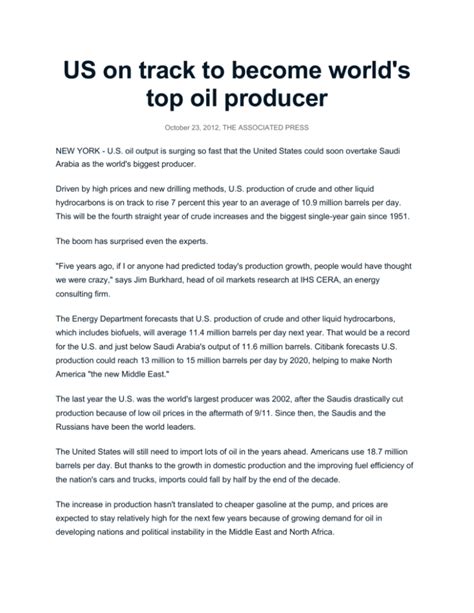 Us On Track To Become World`s Top Oil Producer