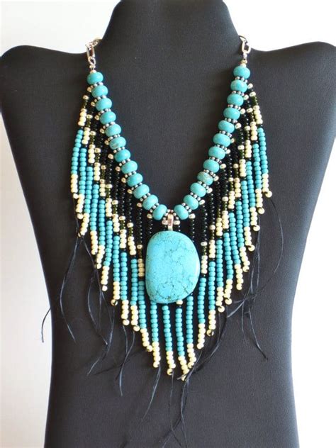 Native American Style Tribal Fringed Necklace In Turquoise Ivory And