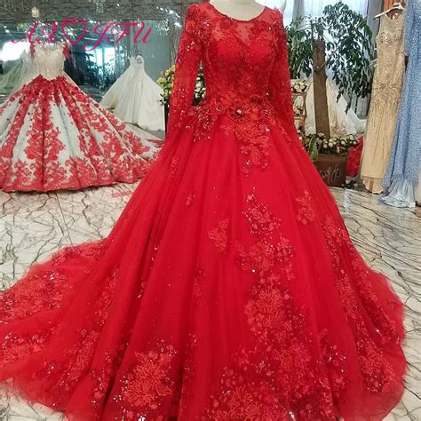 Axjfu New Luxury Princess Red Flower Lace Beading Wedding Dress Rose Long Sleeve Beading Wedding