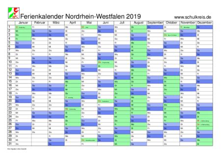 Druckbare leer winterferien 2021 nrw kalender zum ausdrucken in pdf. Schulferien-Kalender NRW Nordrhein-Westfalen 2019 mit ...