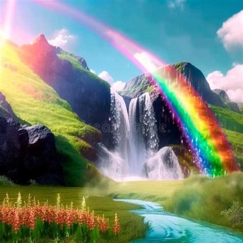 Summer Landscape With Rainbow And Waterfall Stock Illustration