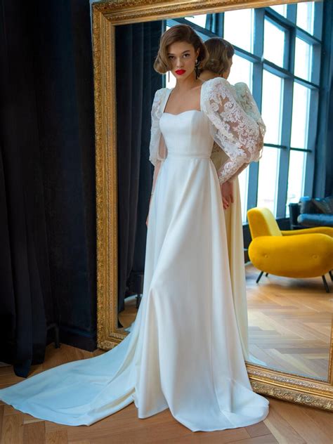 A Line Wedding Dress With Bishop Sleeves