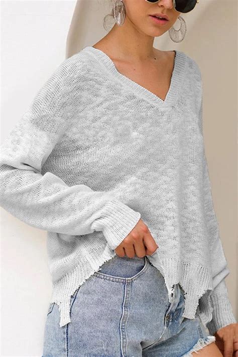 Woolovers' care instructions of how to wash wool with detergents, as well as advice on spin speeds, temperatures, drying, pilling and moths. Ripped V Neck Long Sleeves Sweater - immorgo | Cutout ...
