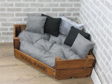 Large Personalised Rustic Wooden Corner Dog Bed In Grey And Etsy