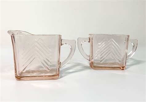 Chevron Pink Glass Sugar And Creamer Set Vintage Art Deco Pink