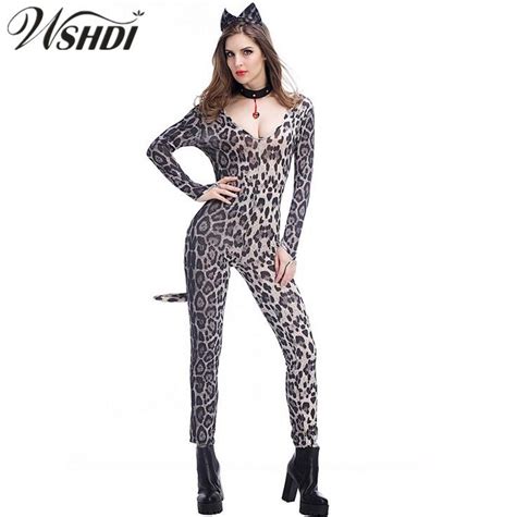 buy sexy women v neck leopard print catsuit jumpsuit catwomen bodysuits