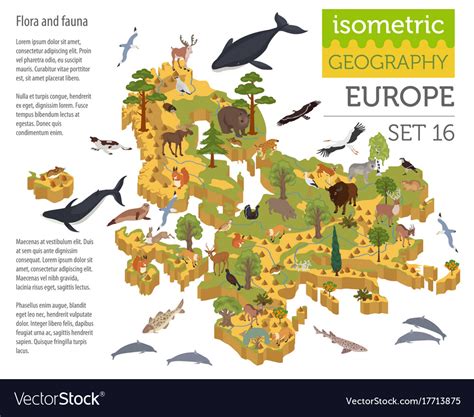 Isometric 3d European Flora And Fauna Map Vector Image