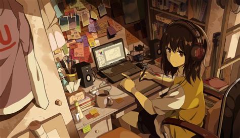 Manga Anime Girls Original Characters Headphones Room
