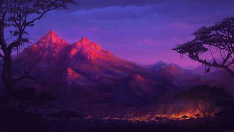 วอลเปเปอร์ ต้นไม้ มีสีสัน ภูเขา ศิลปะจินตนาการ พระอาทิตย์ตก