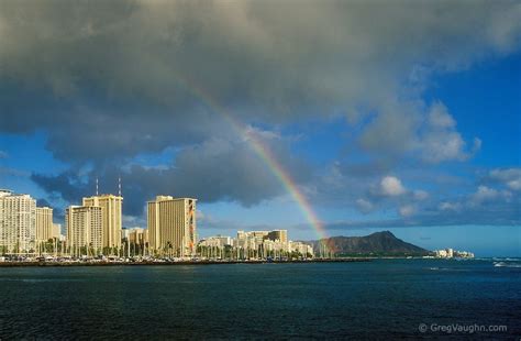 Diamond Head Waikiki Hotels And Ala Wai Yacht Harbor With Rainbow From