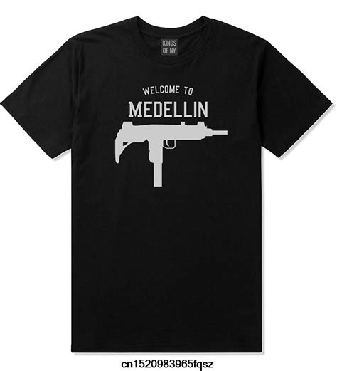 Gildan Fashion Funny Man Tops Tees Welcome To Medellin Uzi Machine Gun City T Shirt Mediu Black