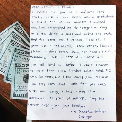 Former Waitress Sends 1000 And Apology To Boss For Stealing 20 Years