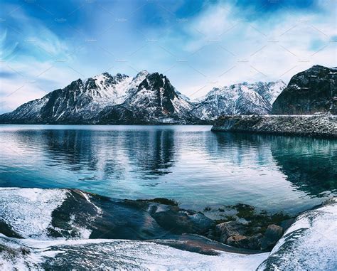 Winter Lake Scenic View Of Beautiful Winter Lake With Snowy Mountains