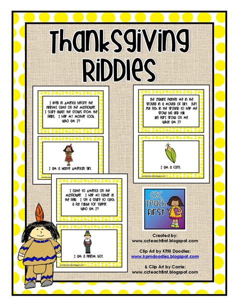 Clip Art By Carrie Teaching First Thanksgiving Riddles Cards