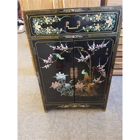 Beautiful Hand Painted Asian Black Lacquer Cabinet With Brass Pulls In