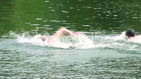 Swimmers Compete In Nature In The Wild Lake Stock Footage Ad