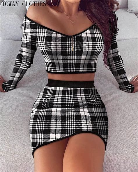 Plaid Print Ribbed Crop Top Skirt Sets Sweat Suits Women Piece Set