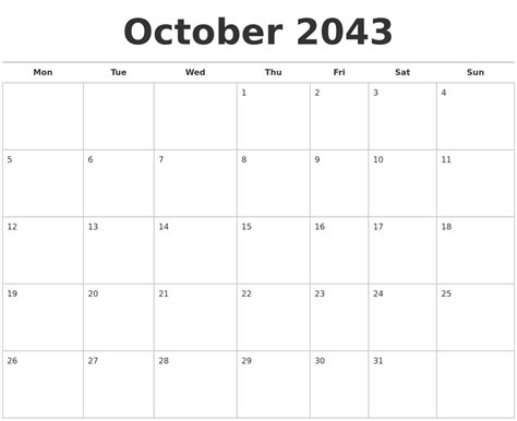 October 2043 Calendars Free