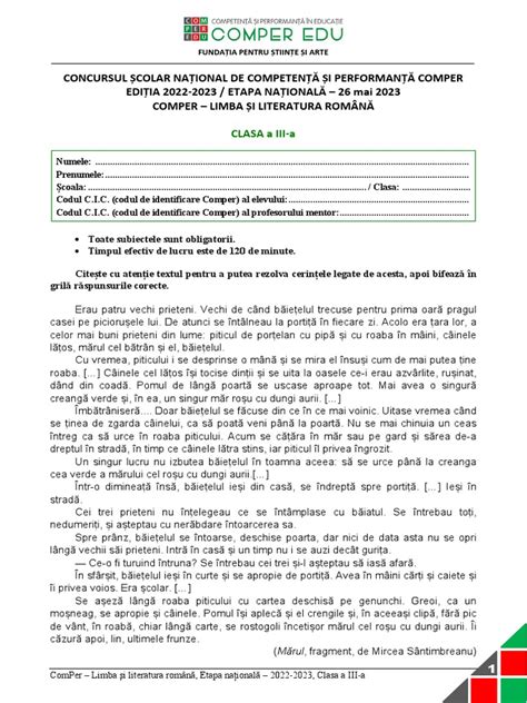 Subiect Comper Romana Etapan 2022 2023 Clasaiii Pdf