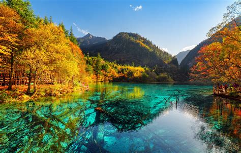 Wallpaper Autumn Forest Trees Mountains Lake Yellow China Sunny