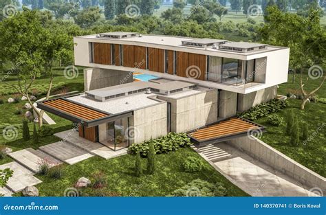 3d Rendering Of Modern House On The Hill With Pool Stock Image Image Of Dwelling Building