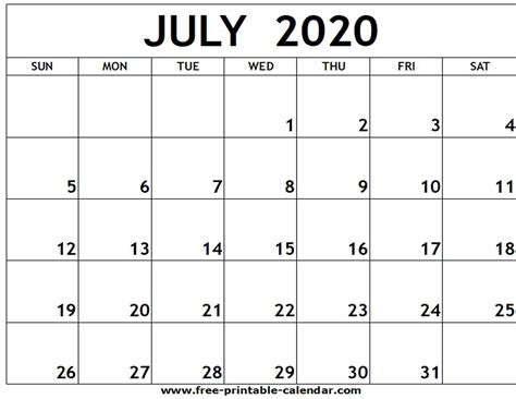 July Calendar 2020 Printable Free Example Calendar Printable