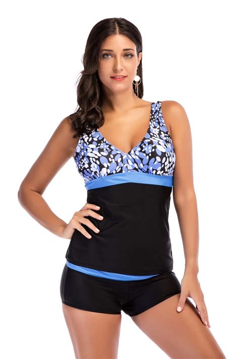 Plus Size Printed Patchwork Slim Tankini Sets Swimwear For Women Sexy Floral Boyshort Bottom