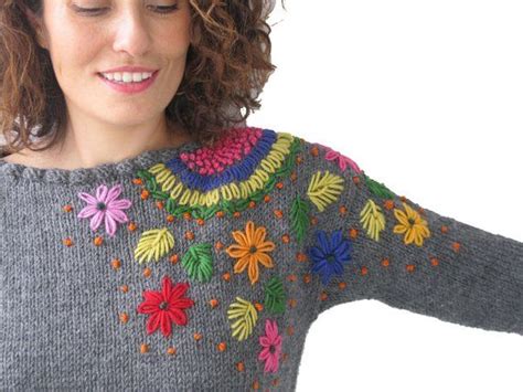 Embroidered Sweater Embroidery Flowers Hand Knitted Sweater Etsy Uk