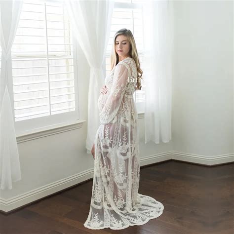 Sexy Lace Maxi Gown Pregnancy Photography Prop Pregnant Women Clothes Long Sleeve Front Open