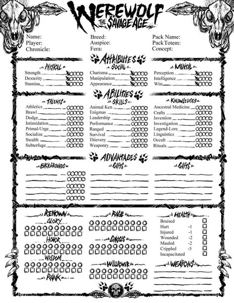 Werewolf The Savage Age Fillable Character Sheet White Wolf Wargame