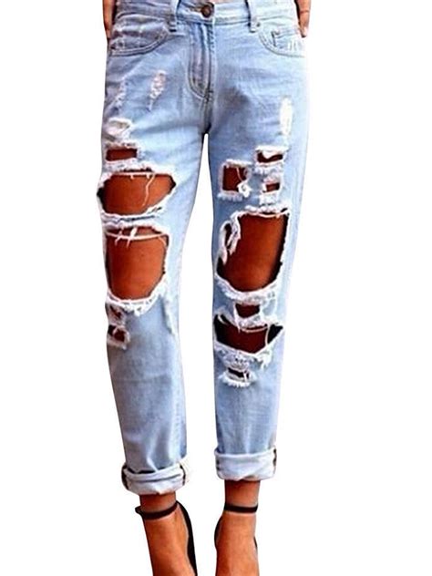 Lallc Women S Ripped Destroyed Big Hole Jeans Loose Denim Slim Casual Pants Trousers Walmart
