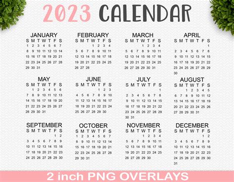 2023 Mini Calendar Overlays 12 Months 2 Inch Individual Png Etsy Uk