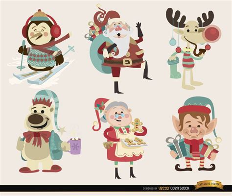 6 Christmas Cartoon Characters Vector Download