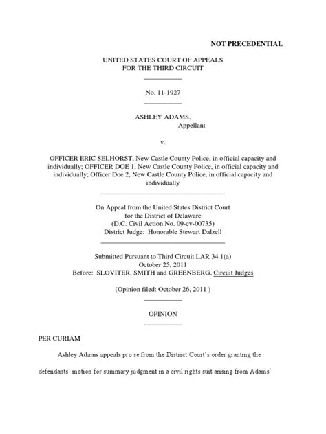 Ashley Adams V Eric Selhorst Et Ql 3rd Cir 2011 Pdf Summary Judgment Arrest Warrant
