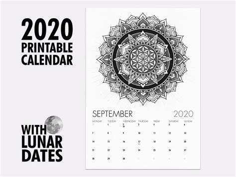 2020 Printable Mandala Calendar With Lunar Phases Mandala Tattoo