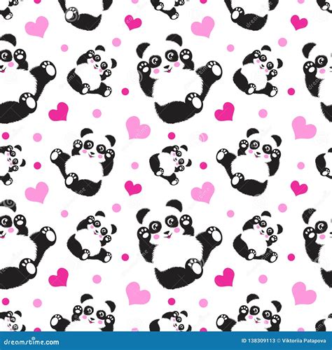 Seamless Pattern With Cute Panda Bear And Hearts Funny Children S