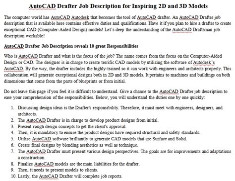 Autocad Drafter Job Description For Inspiring 2d And 3d Models Room