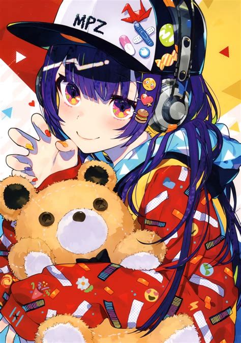 Wallpaper Anime Girl Headphones Purple Hair Cap Teddy