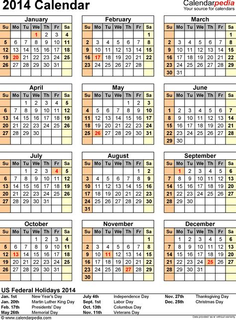 2014 Calendar With Federal Holidays And Excelpdfword Templates