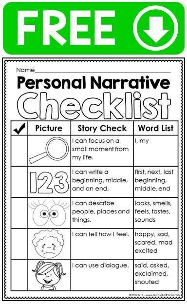 Free Personal Narrative Ideas Chart Writing Checklist Graphic