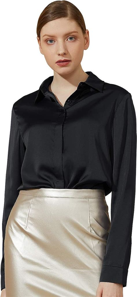 Escalier Women S Satin Silky Blouse Solid Long Sleeve Button Down Formal Work Shirt Black S At